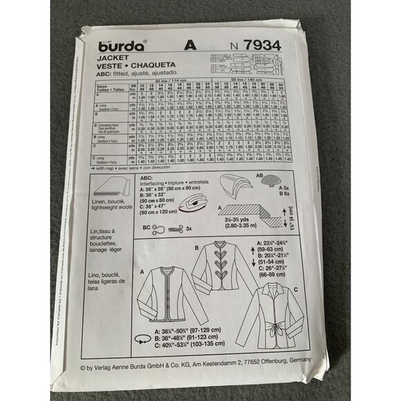 Burda A7934 Jacket Sewing Pattern Size 10 12 14 16 18 20 22 24 uncut - Picture 3 of 3